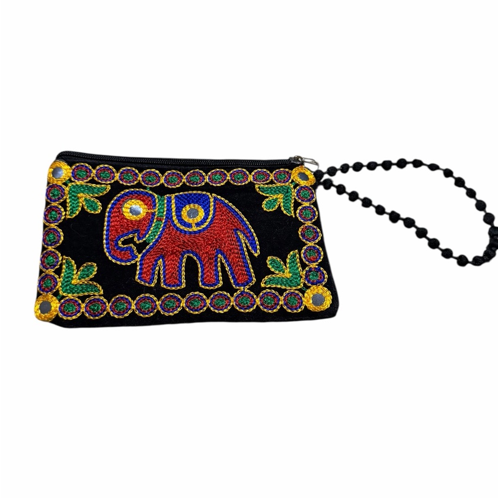 Embroidered Elephant Black Wristlet Clutch